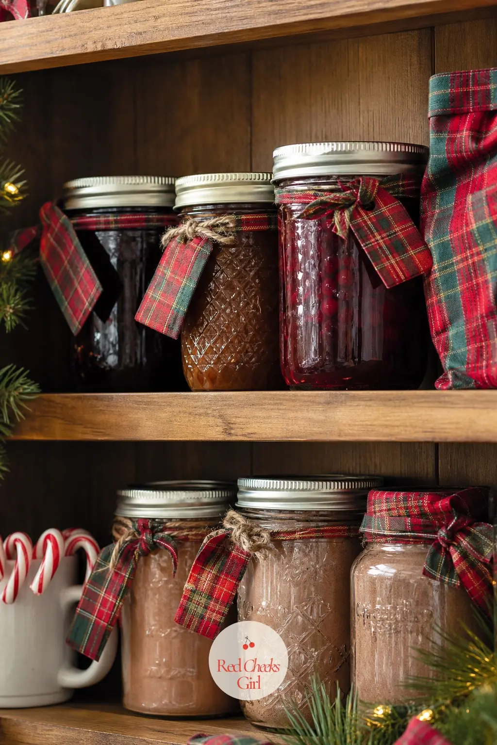 The Pantry Shelf of Jarred Preserves and Cocoa Mix — Open pantry shelving holding jarred preserves and a canister of homemade cocoa mix, each one labelled with