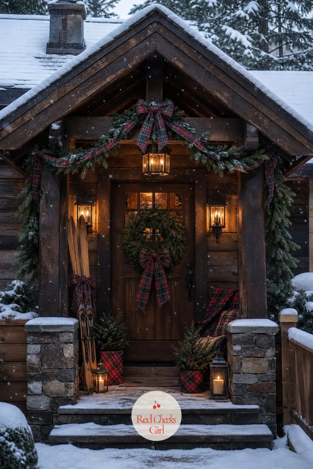 The Porch and Front Door, Wrapped in Tartan — A door wreath tied in a wide tartan bow, with a buffalo check doormat underneath, tells a guest exactly which