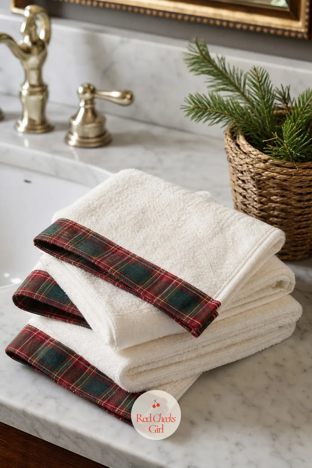 The Powder Room Hand Towels, Trimmed in Tartan — Cream hand towels with a band of tartan ribbon stitched along the hem, stacked beside the sink in a small