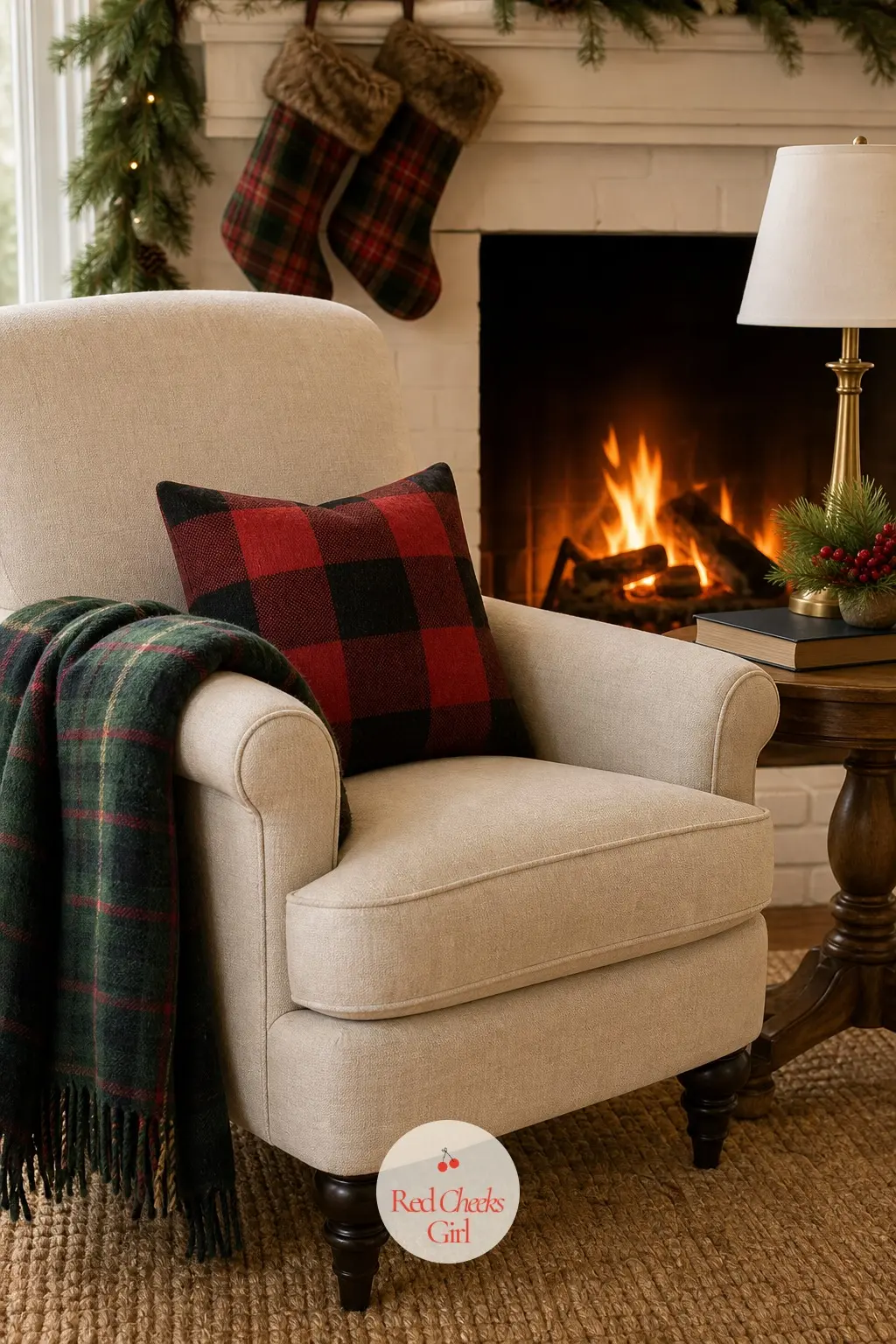 The Reading Armchair by the Fire — One armchair, angled toward the fire, with a tartan throw over the arm and a small side table holding a lamp and whatever