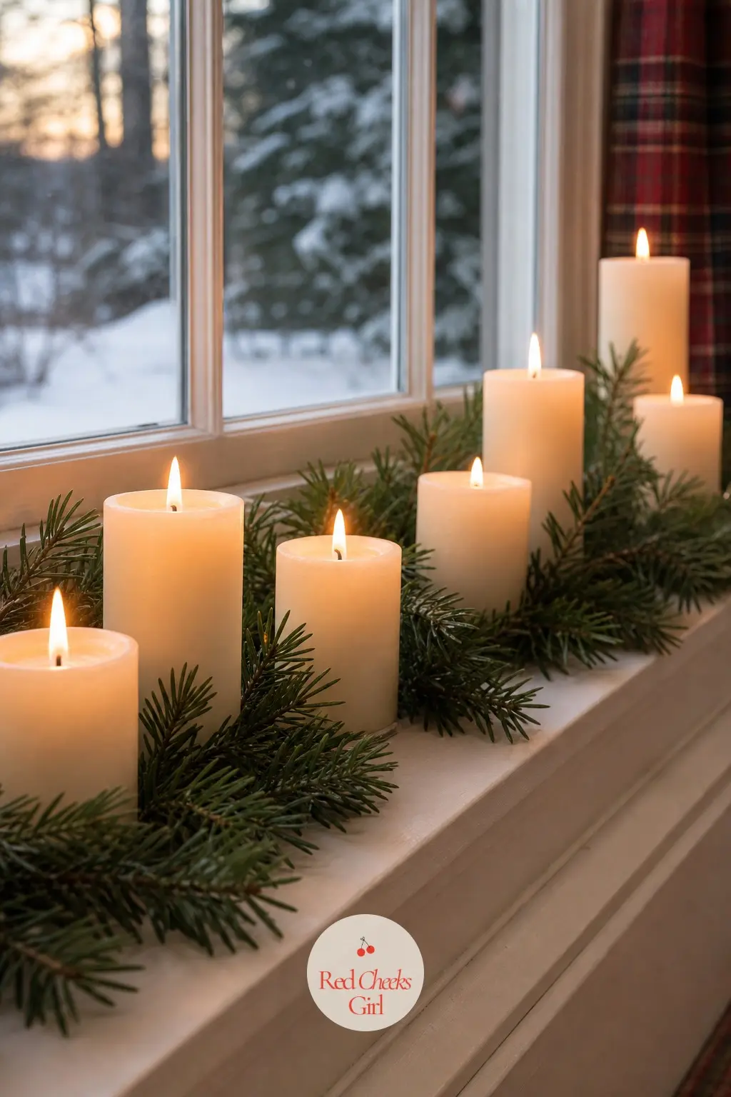The Side Window, Lined with Pillar Candles and Pine — A side window away from the main view, lined along its ledge with pillar candles of staggered heights and