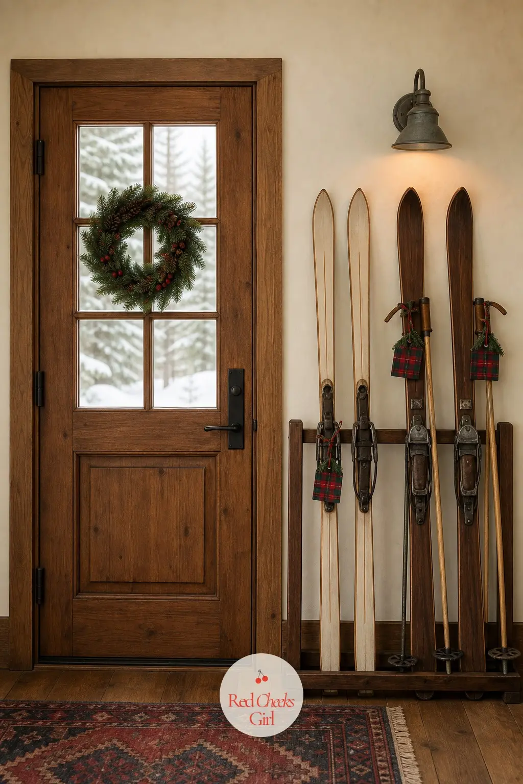 The Ski Rack Just Inside the Door — A proper ski rack by the entry, even a small wall mounted one, turns wet gear into a display rather than clutter. Plaid