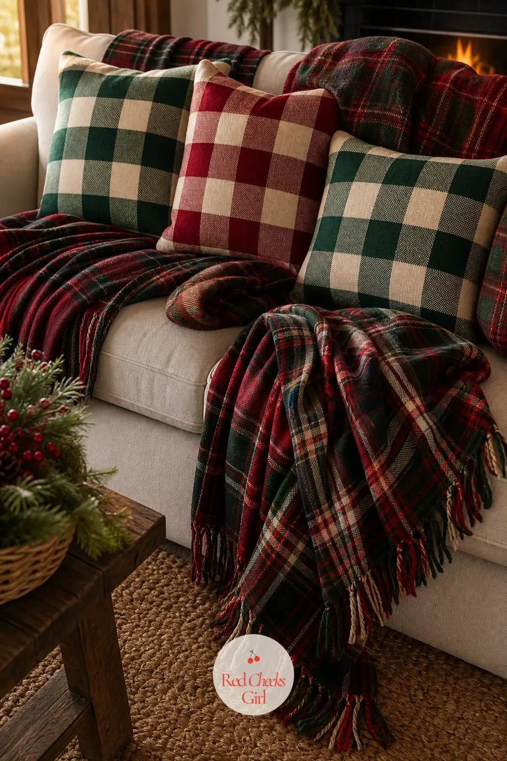 The Sofa Layered in Tartan Throws and Buffalo Check Pillows — This is the entry the whole title points to: a sofa stacked with throws you will actually use and
