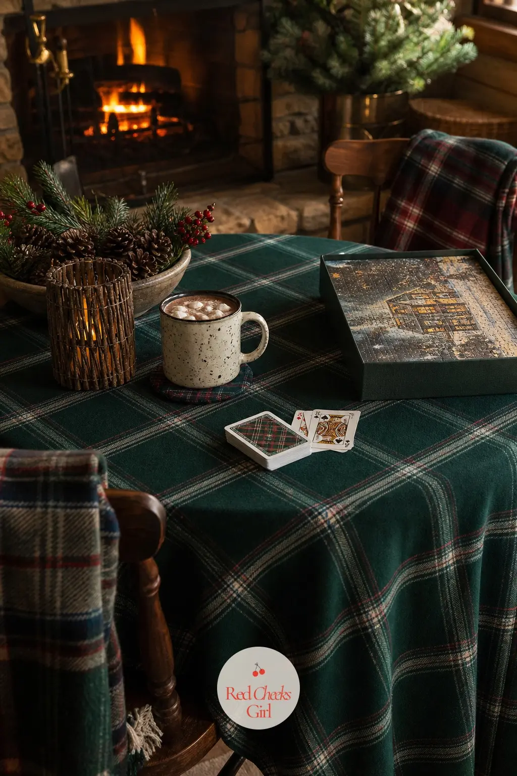 The Game Table for Cards and Cocoa — A small round table near the fire, cleared for cards or a jigsaw, with a tartan cloth thrown over it and two lap blankets