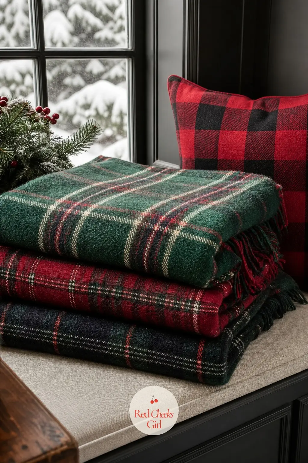 The Window Seat Stacked with Wool Blankets — If the great room has a window seat, this is where a reader actually sits with cocoa and watches the snow. Plaid