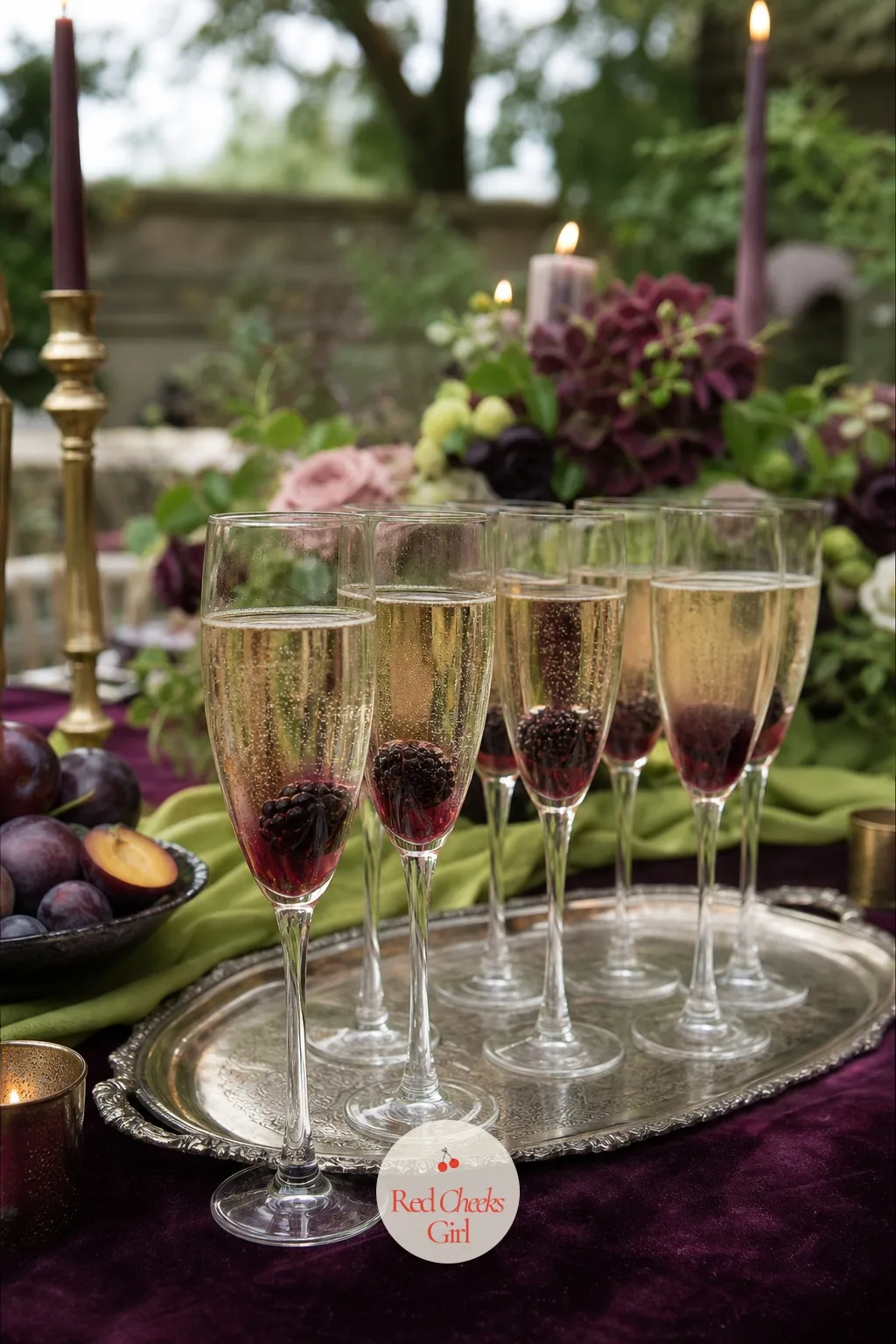 Blackberries Dropped Into Champagne — Plain champagne in a plain flute does not know what wedding it is at. Plum and green wedding