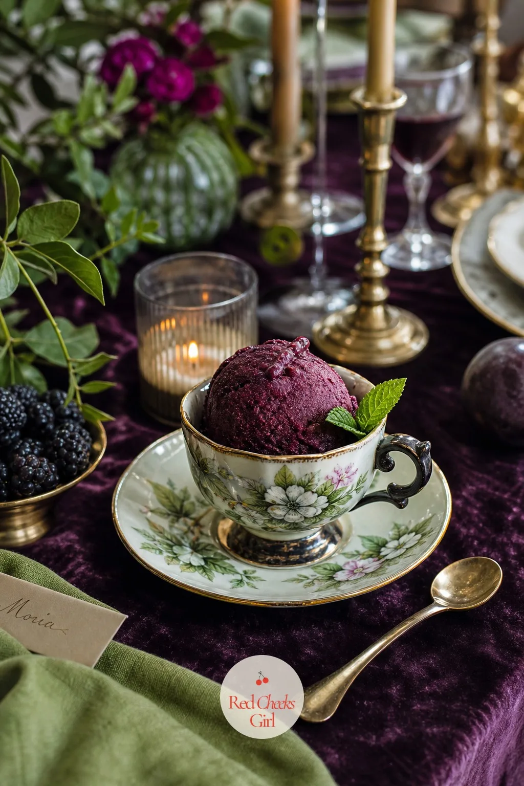 Blackberry Sorbet Served in Vintage Cups — A plated dessert course can feel heavy after a long dinner, especially in a warmer room. Plum and green wedding