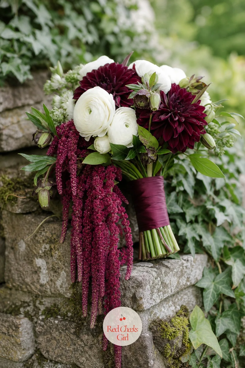 A Bridal Bouquet of White Ranunculus, Plum Dahlias and Trailing Amaranthus — The bouquet is the one piece of the whole theme that travels with her all day