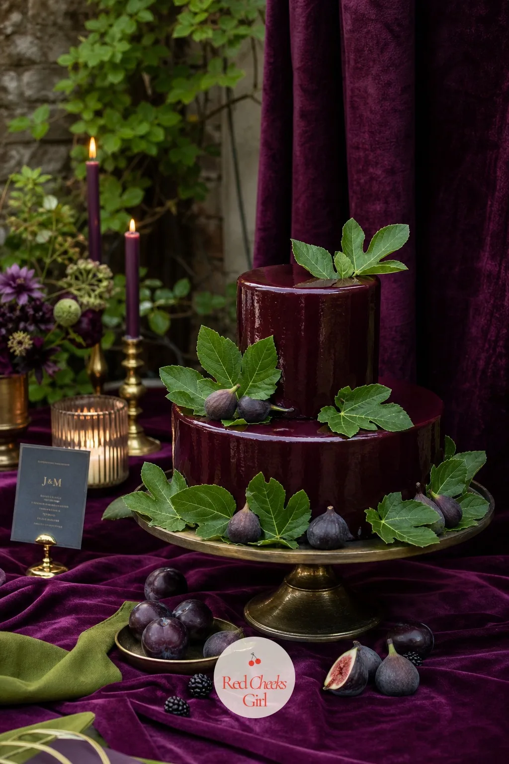 The Cake in Plum Glaze with Green Leaves — A plain white fondant cake has nothing to say at a party built around this much colour. Plum and green wedding