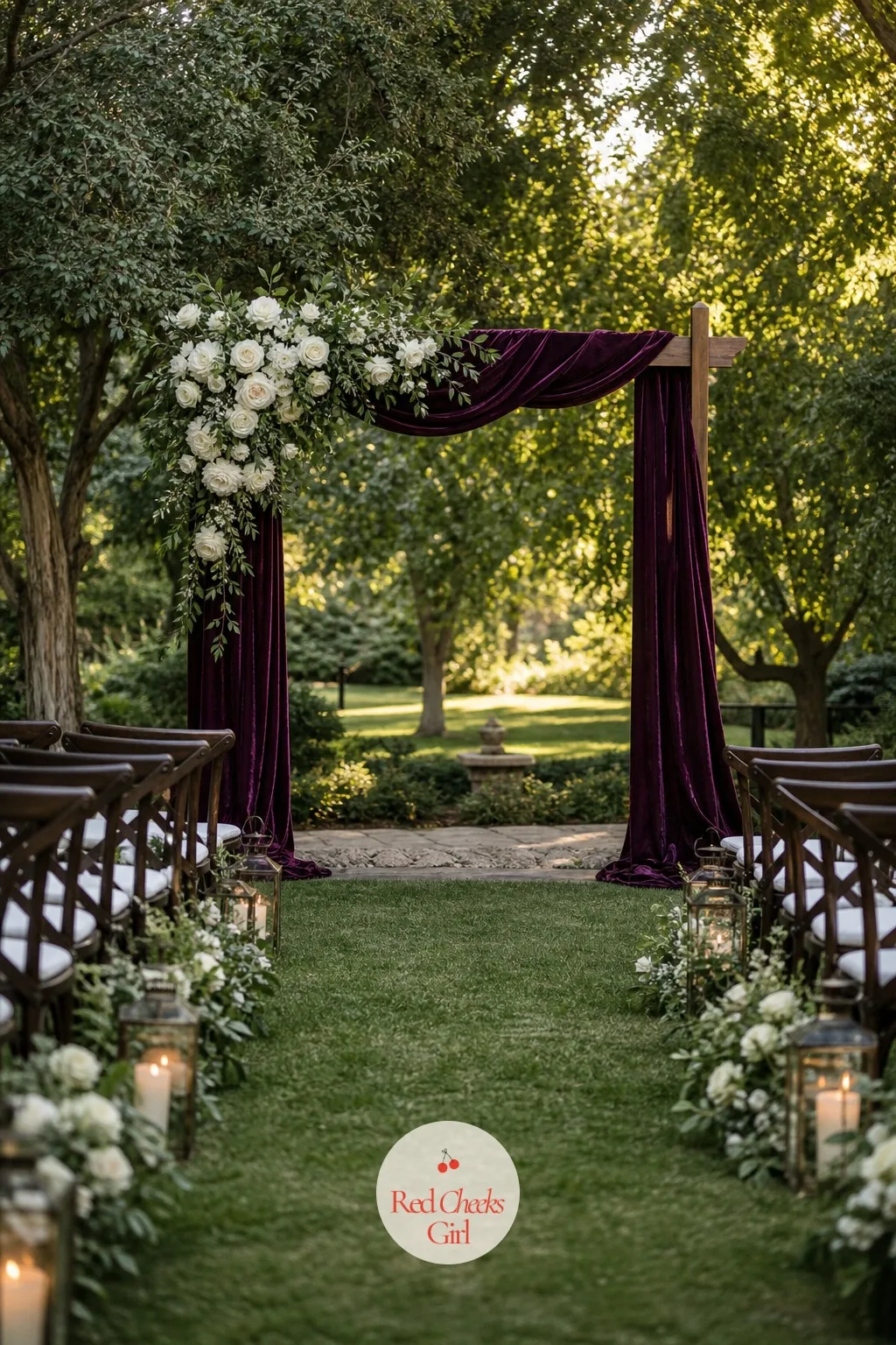 A Ceremony Arch in Plum Velvet and White Garden Roses — Guests have stood under a dozen bare white arches this year alone. Plum and green wedding