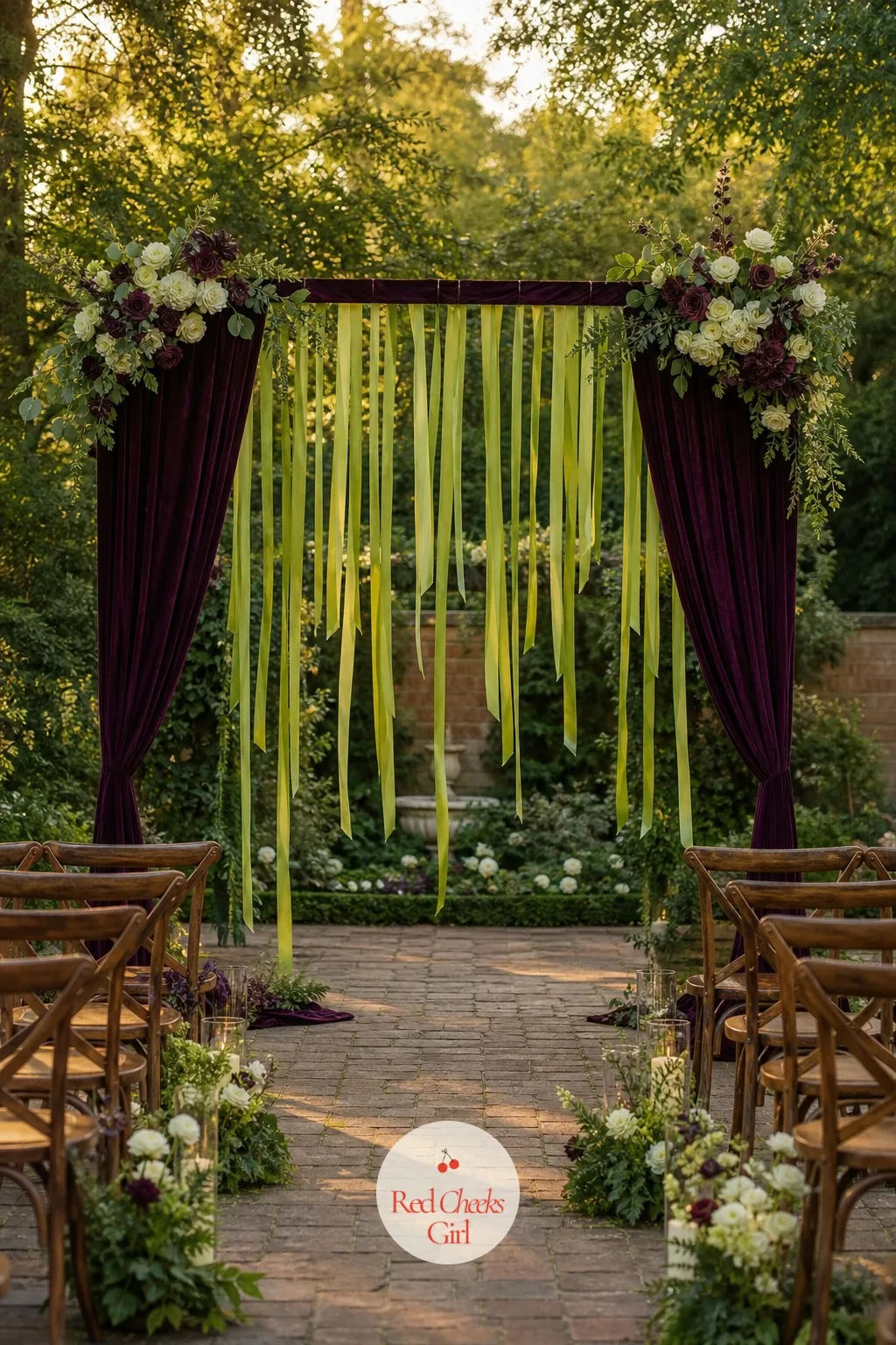 Chartreuse Ribbon Streamers Hung From the Arch — Once the velvet and roses are up, the arch still reads a little heavy until the green gets its turn. Plum and