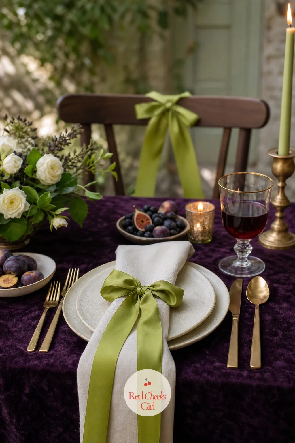 Chartreuse Ribbon Tied Through Napkins and Chair Backs — A folded napkin on its own is just laundry. Plum and green wedding
