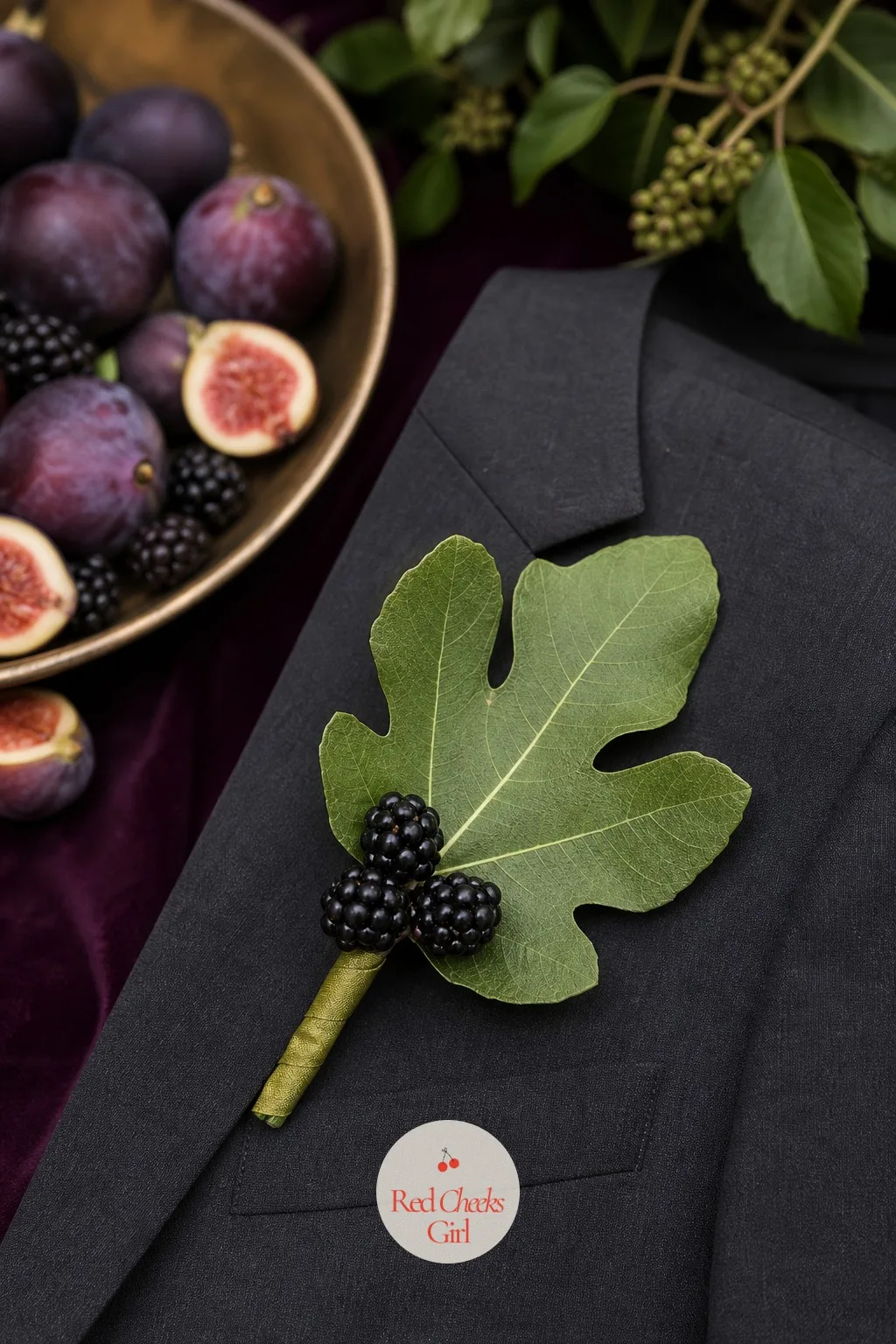 Fig Leaf and Blackberry Boutonnieres — A single rose boutonniere has been on every groomsman for decades, and it says nothing about this particular wedding.