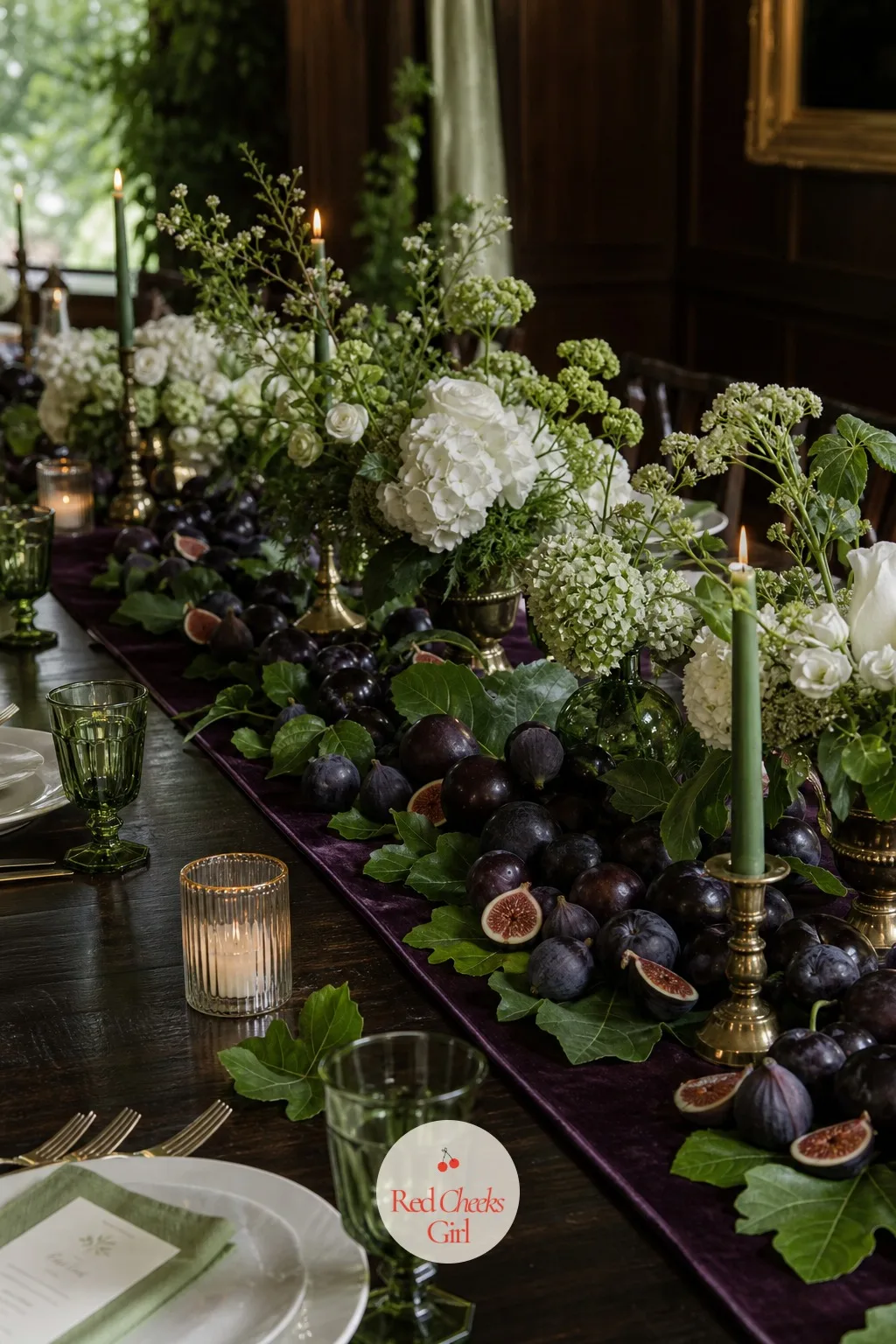 Fresh Figs and Plums Piled Down the Table — Flowers alone can start to feel formal fast, the kind of arrangement nobody actually touches. Plum and green wedding