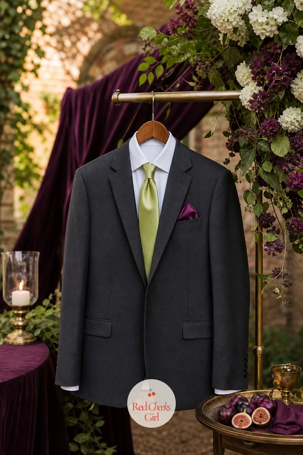 Groomsmen Ties in Wasabi Green with Plum Pocket Squares — A row of plain black ties disappears into any dark suit. Plum and green wedding