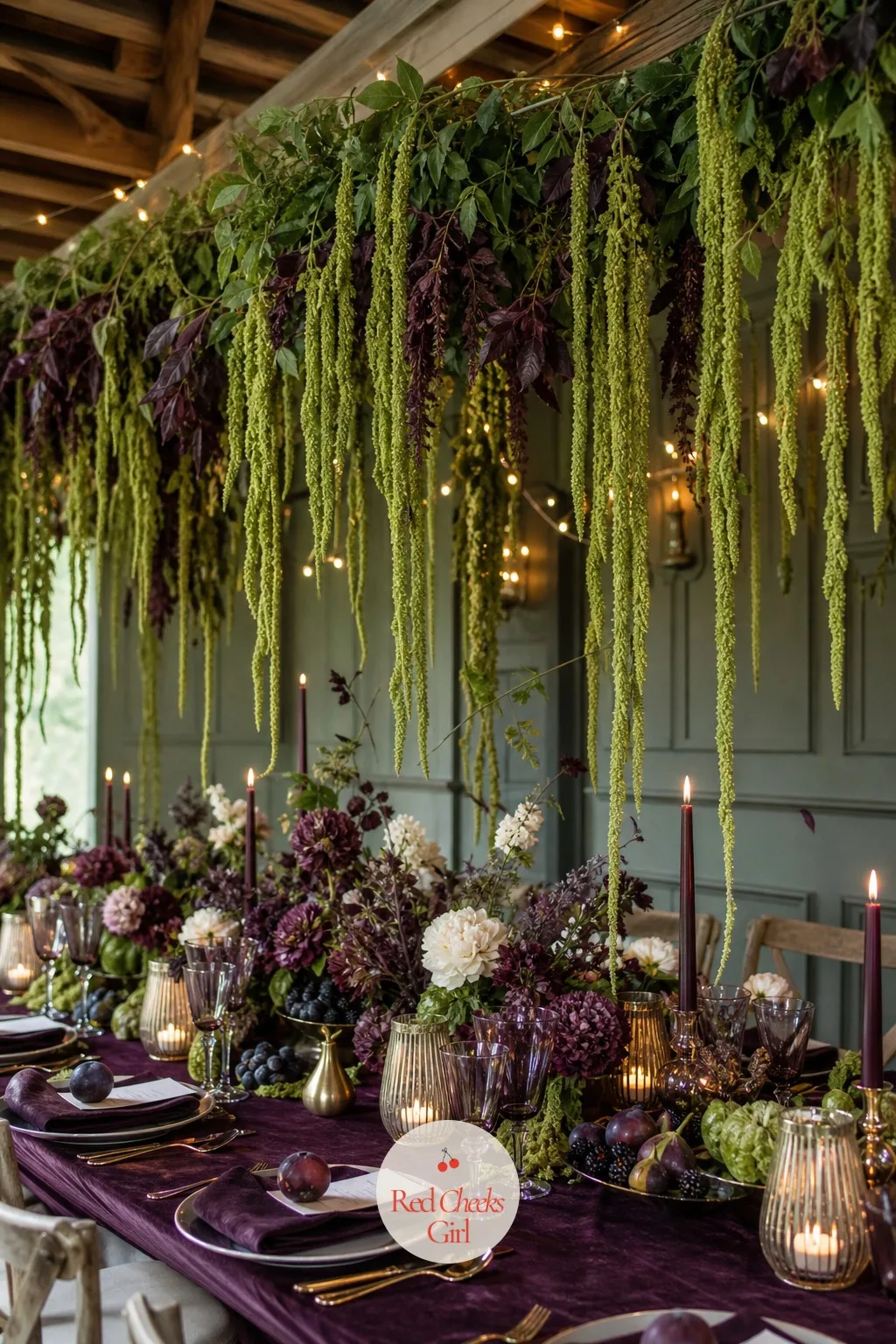 Hanging Amaranthus Over the Reception Tables — Look up at most receptions and there is nothing to see but a ceiling. Plum and green wedding