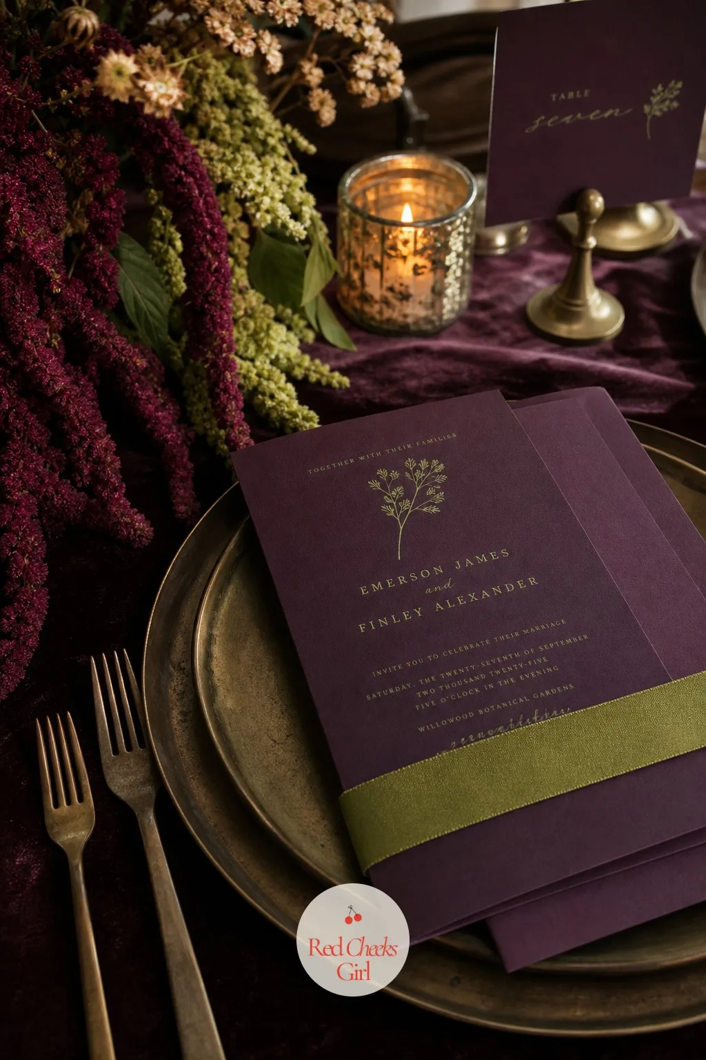 The Invitation Suite in Plum and Wasabi Green — Before any guest sees a single velvet runner or candle, they hold the invitation, and it either promises this