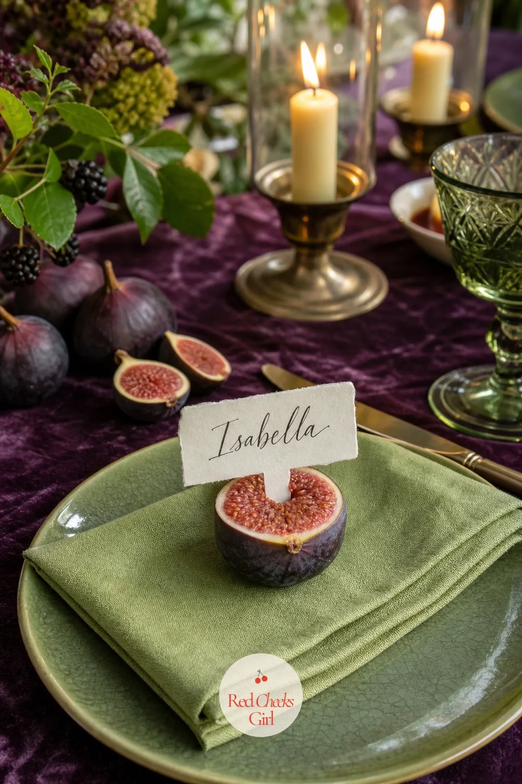 Place Cards Tucked Into Fresh Fig Halves — A printed place card standing alone on a charger plate rarely gets a second look before a guest sits down and
