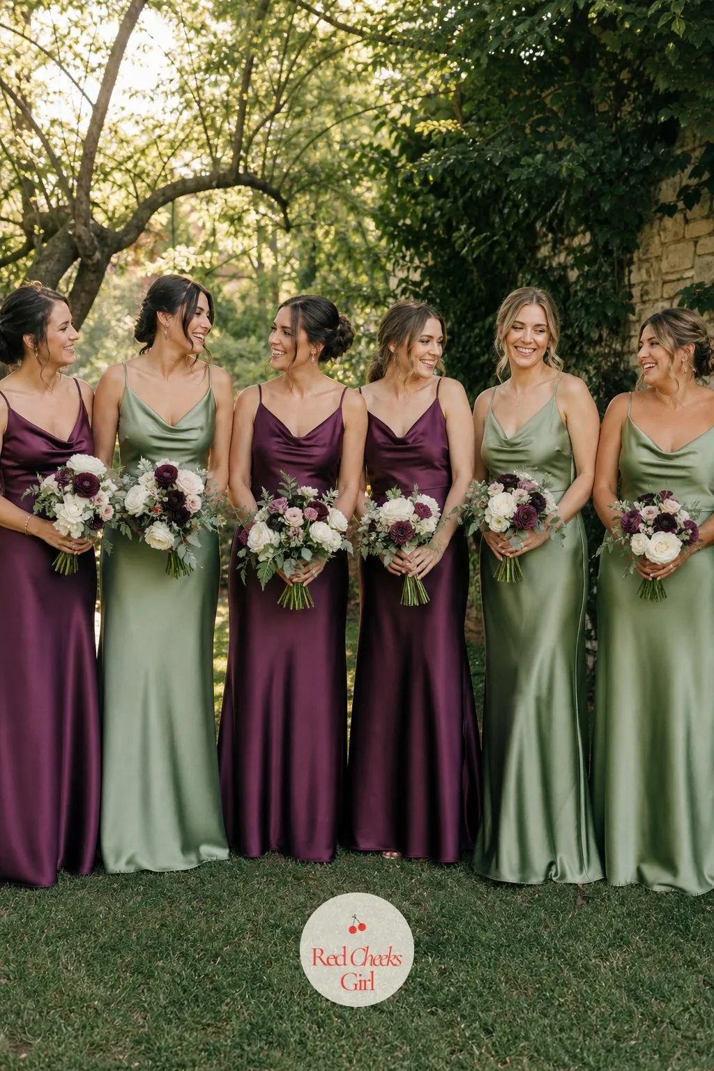 Plum and Green Bridesmaid Dresses — A single shade of bridesmaid dress down the aisle can look flat in photographs, however good the colour is on its own. Plum