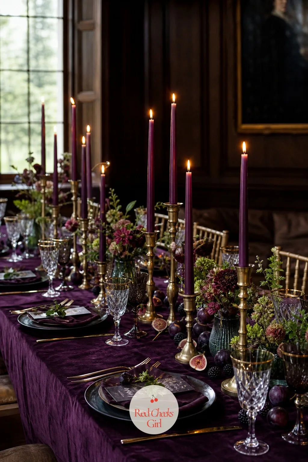 Plum Taper Candles Down the Table — Nothing finishes a long table like real flame, and a plum taper candle does double duty: it lights the fruit and flowers