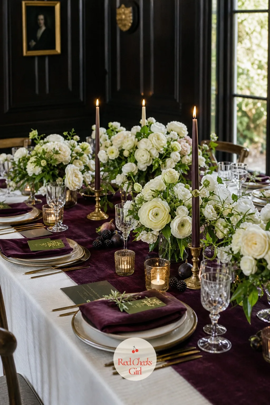 Plum Velvet Table Runners Under White Flowers — A bare white tablecloth says nothing on its own, no matter how good the china is. Plum and green wedding
