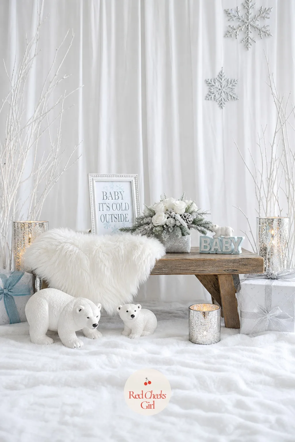 Arctic Photo Backdrop with Faux Snow Ground — A simple white fabric backdrop hangs flat behind a low bench, with a thin layer of faux snow blanket spread