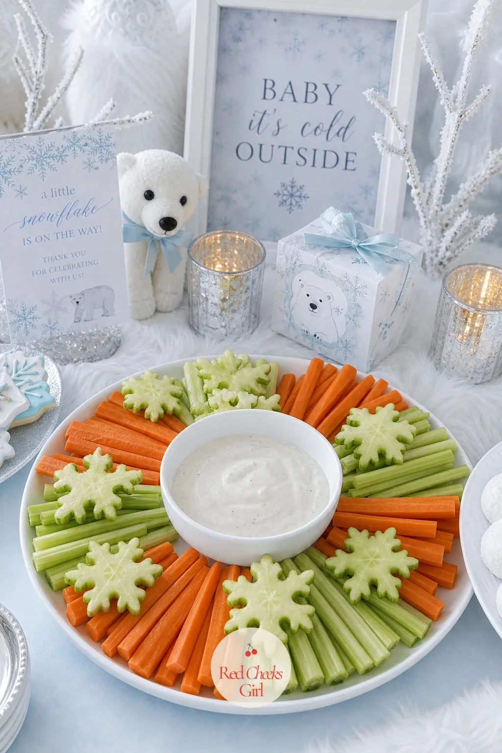 Arctic Veggie Tray with Snowflake Cuts — Cucumber and daikon radish slices, cut into snowflake shapes with a small aspic cutter, sit scattered among plainer