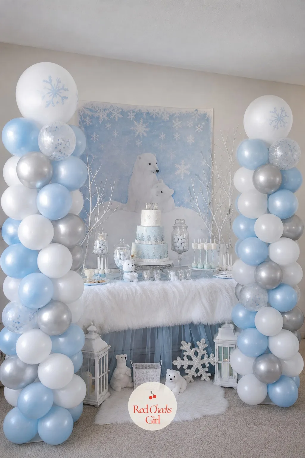 Balloon Column Pair Flanking the Cake Table — Two balloon columns, the same three colours as the arch but built straight instead of curved, stand like a pair