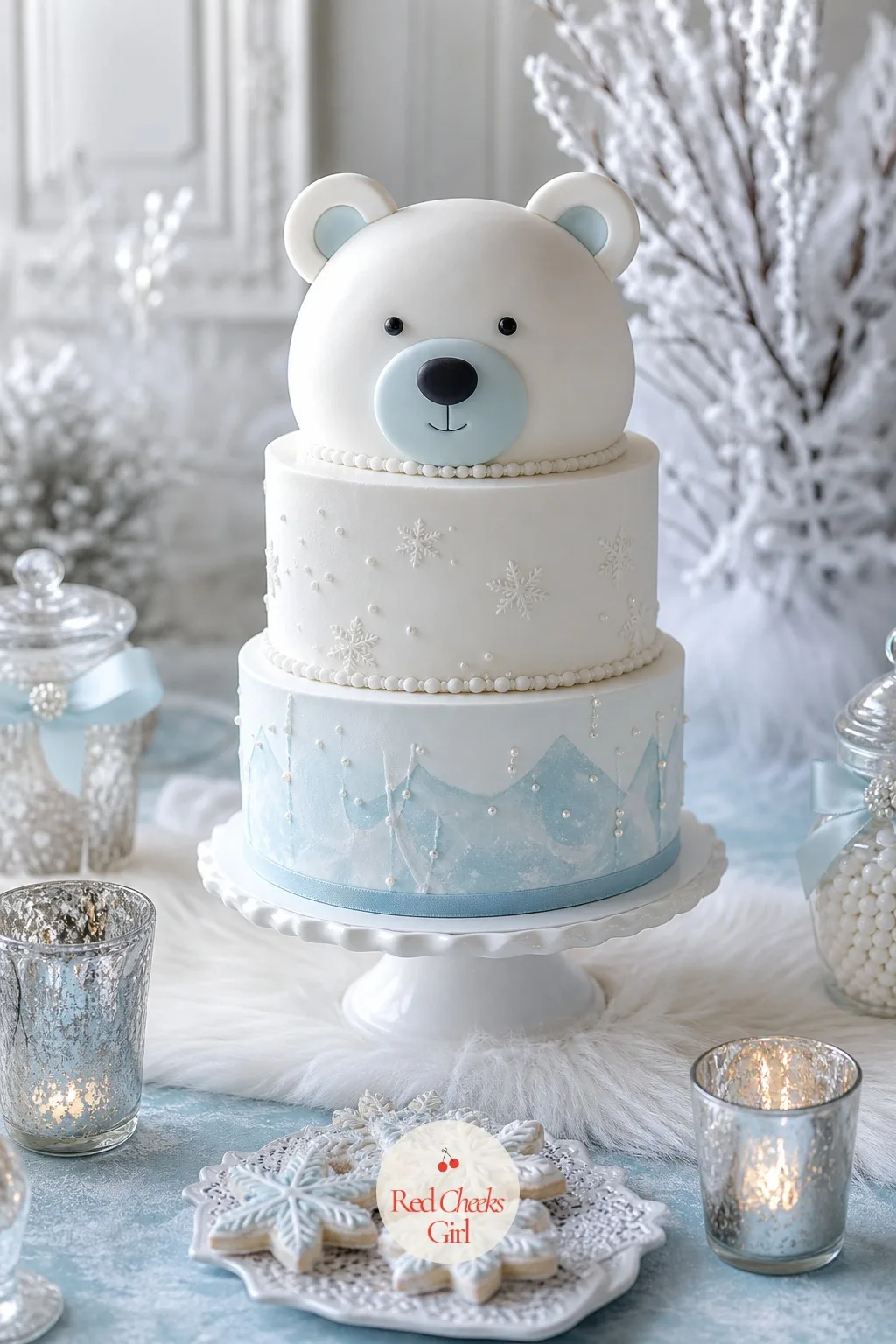 Bear-Shaped Cake with Fondant Face — Two round tiers, iced in white buttercream with a swipe of icy blue at the base, support a carved, fondant-covered bear