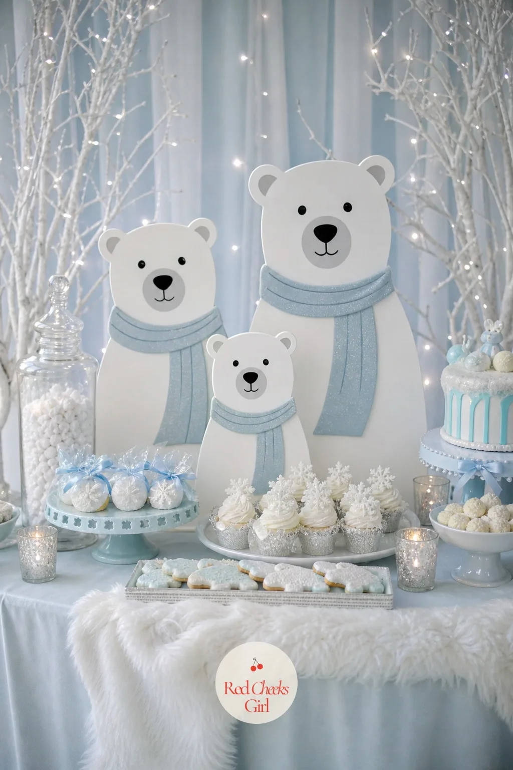 Dessert Table Bear Cutout Backdrop Trio — Three polar bear cutouts in graduated sizes, a mother flanked by two cubs, stand just behind the desserts rather than