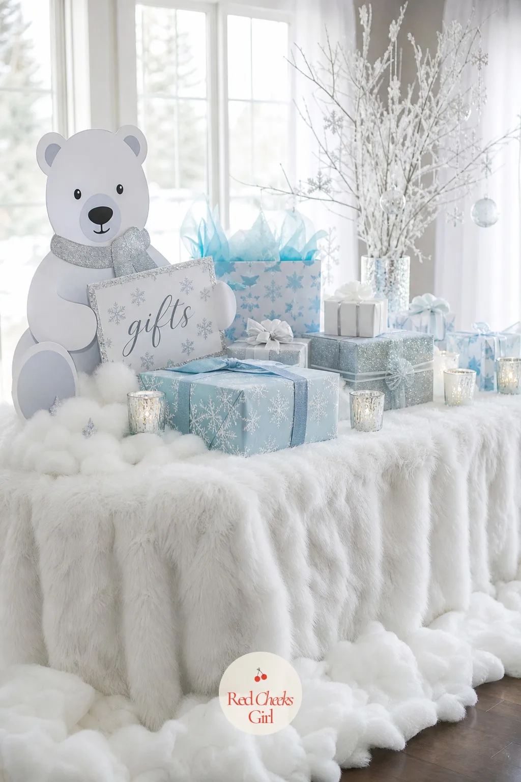 Gift Table Styled as an Ice Shelf — The same white faux fur and acrylic riser trick from the dessert table repeats here at a smaller scale, holding wrapped