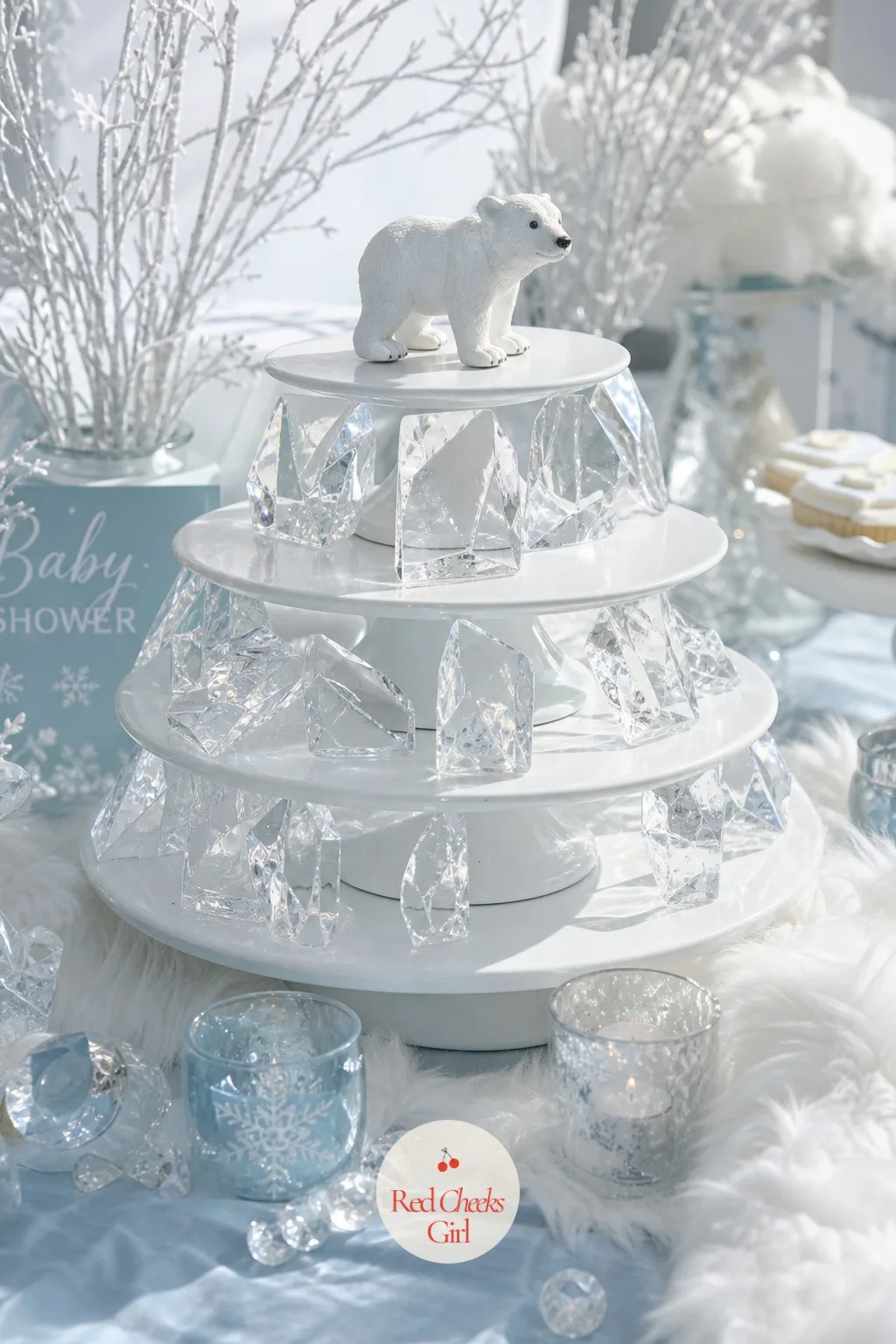 Iceberg Centerpiece Built from Cake Stands — Stack two or three white cake stands of different heights, then wedge clear acrylic shards, the kind sold for