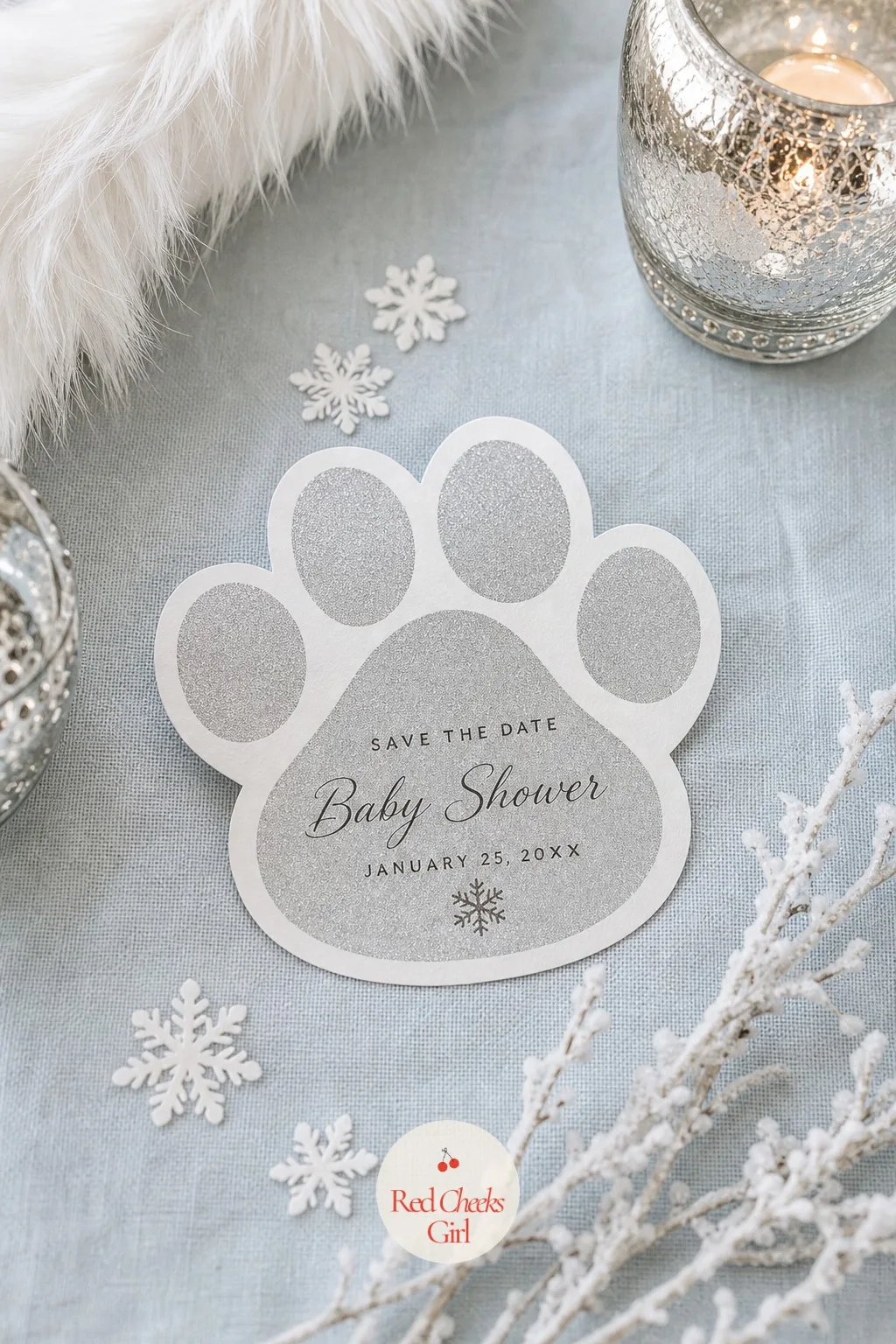 Paw-Print Trail Save-the-Date — Instead of a rectangle, this one is shaped like a bear's paw, die-cut in soft white card with the pads stamped in silver. Polar