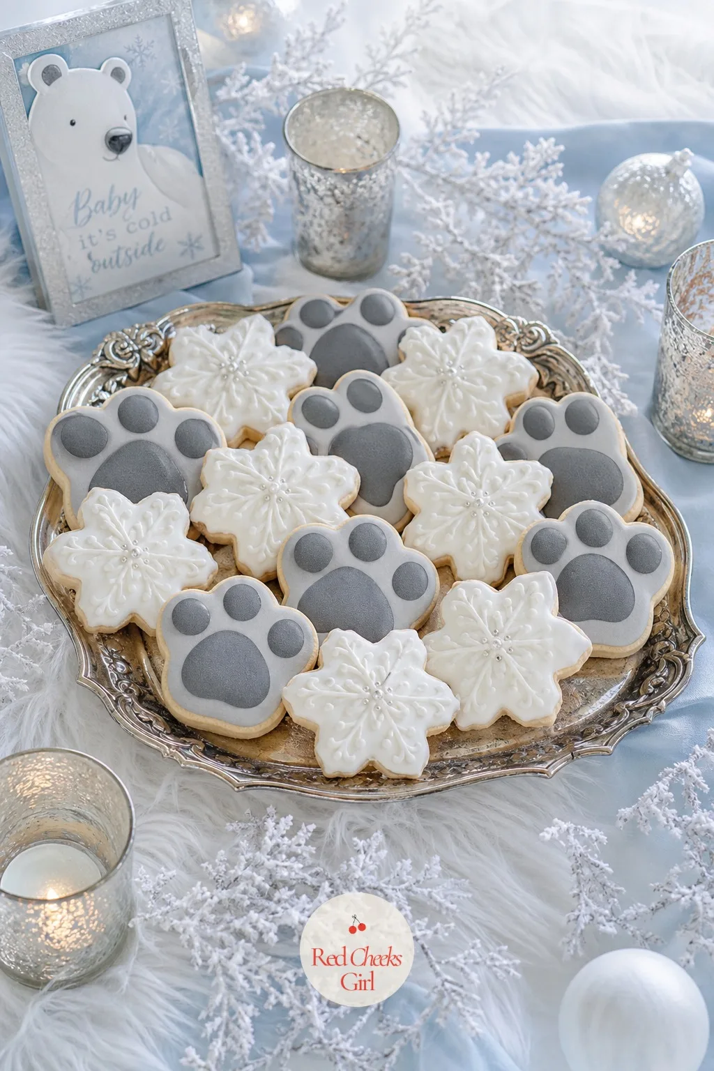 Snowflake and Paw Print Cookie Set — Plain white snowflake cookies sit mixed in with grey paw-print cookies on the same tray, so the dessert table has pattern