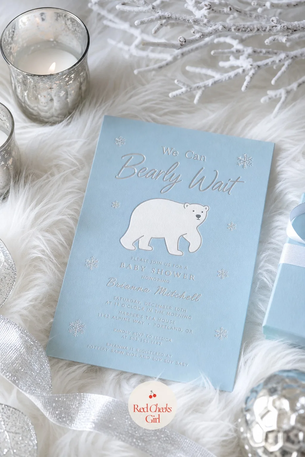 'We Can Bearly Wait' Letterpress Invitation — She opens the envelope and the first thing she reads is 'We Can Bearly Wait,' set in navy script over a flat icy