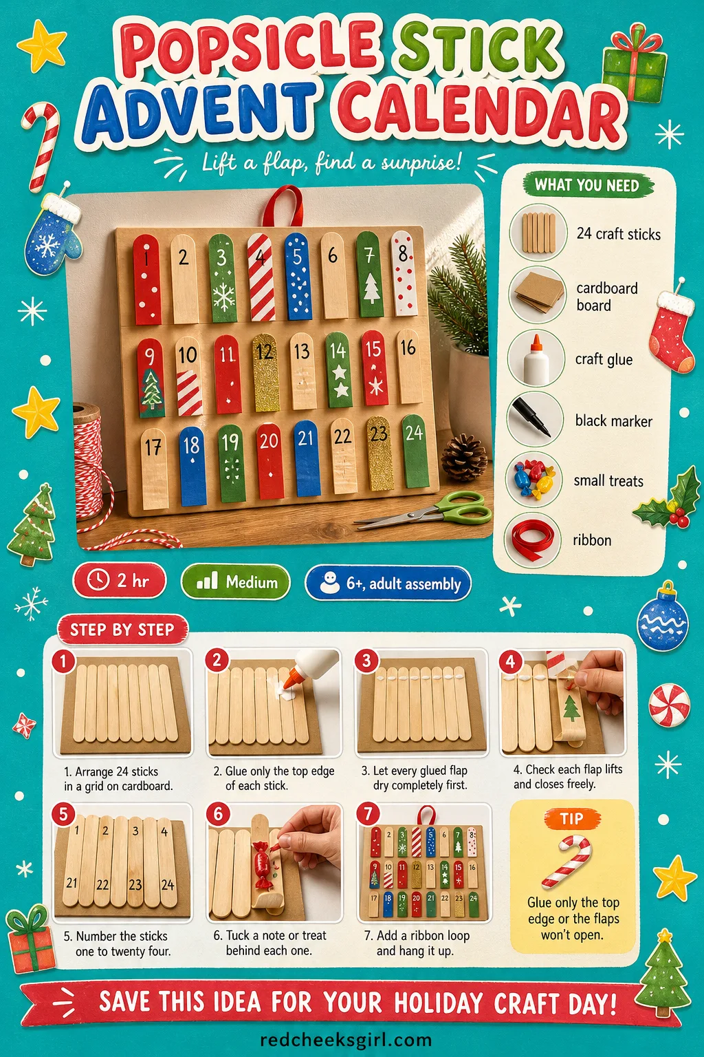 Popsicle Stick Advent Calendar Craft Card printable sheet — A printable step-by-step card for the advent calendar, ready to print and keep by the glue.