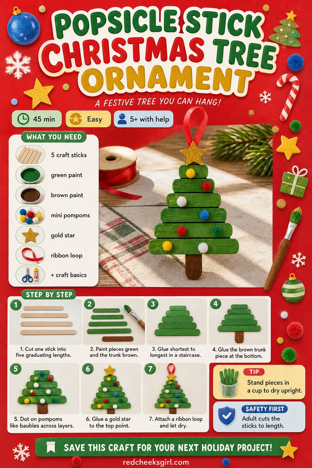 Popsicle Stick Christmas Tree Ornament Craft Card printable sheet — A printable card for the tree ornament, ready to print and keep by the glue. Popsicle stick