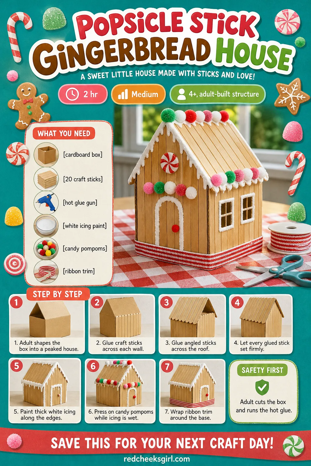Popsicle Stick Gingerbread House Craft Card printable sheet — A printable step-by-step card for the gingerbread house, ready to print and keep by the glue.
