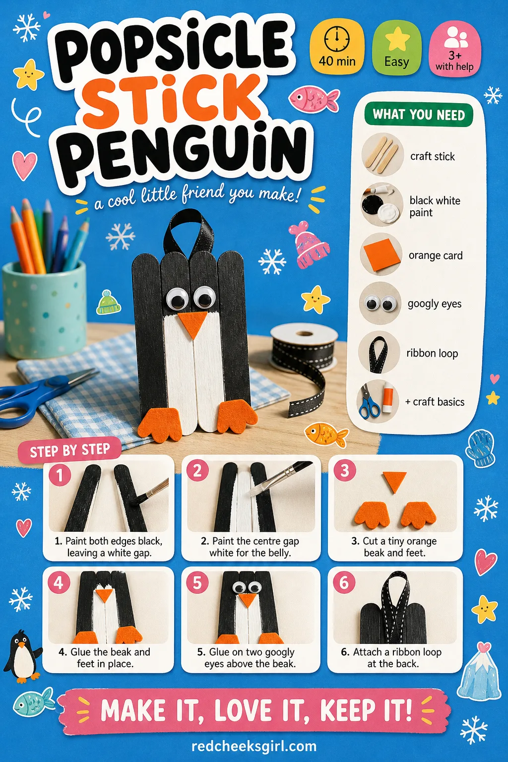 Popsicle Stick Penguin Craft Card printable sheet — A printable step-by-step card for the penguin craft, ready to print and keep by the glue. Popsicle stick