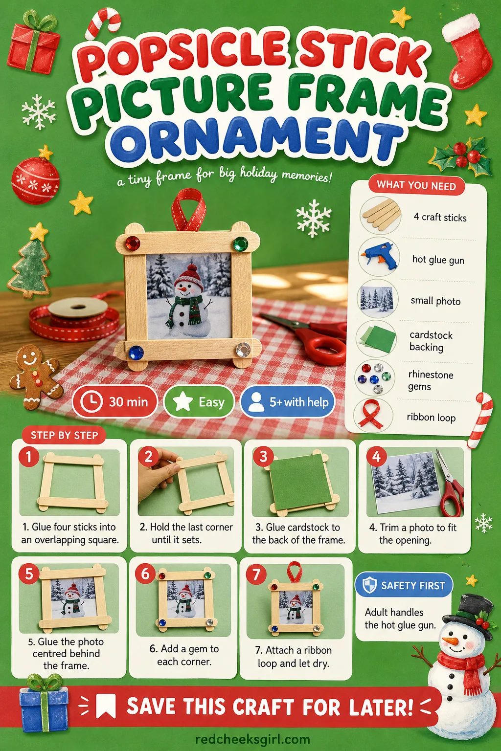 Popsicle Stick Picture Frame Ornament Craft Card printable sheet — A printable step-by-step card for the picture frame ornament, ready to print and keep by the