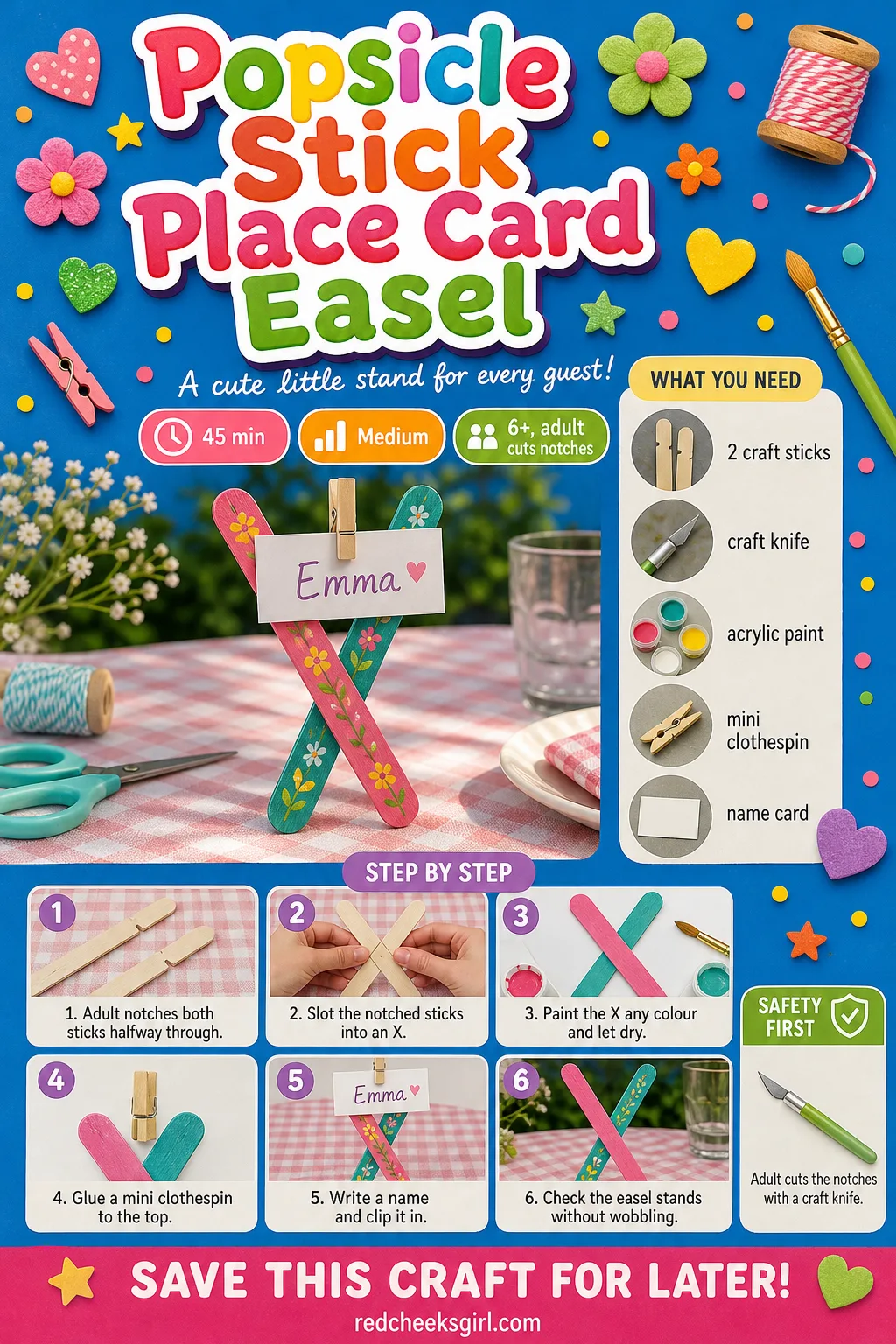 Popsicle Stick Place Card Easel Craft Card printable sheet — A printable step-by-step card for the place card easel, ready to print and keep by the glue.