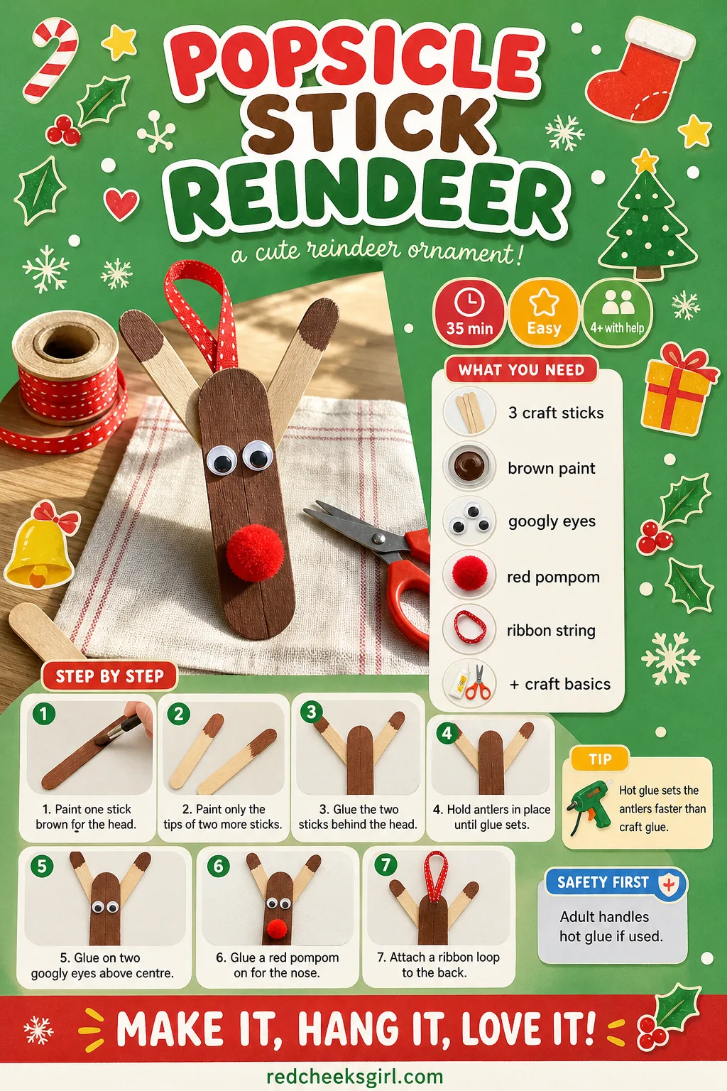 Popsicle Stick Reindeer Craft Card printable sheet — A printable step-by-step card for the reindeer craft, ready to print and keep by the glue. Popsicle stick
