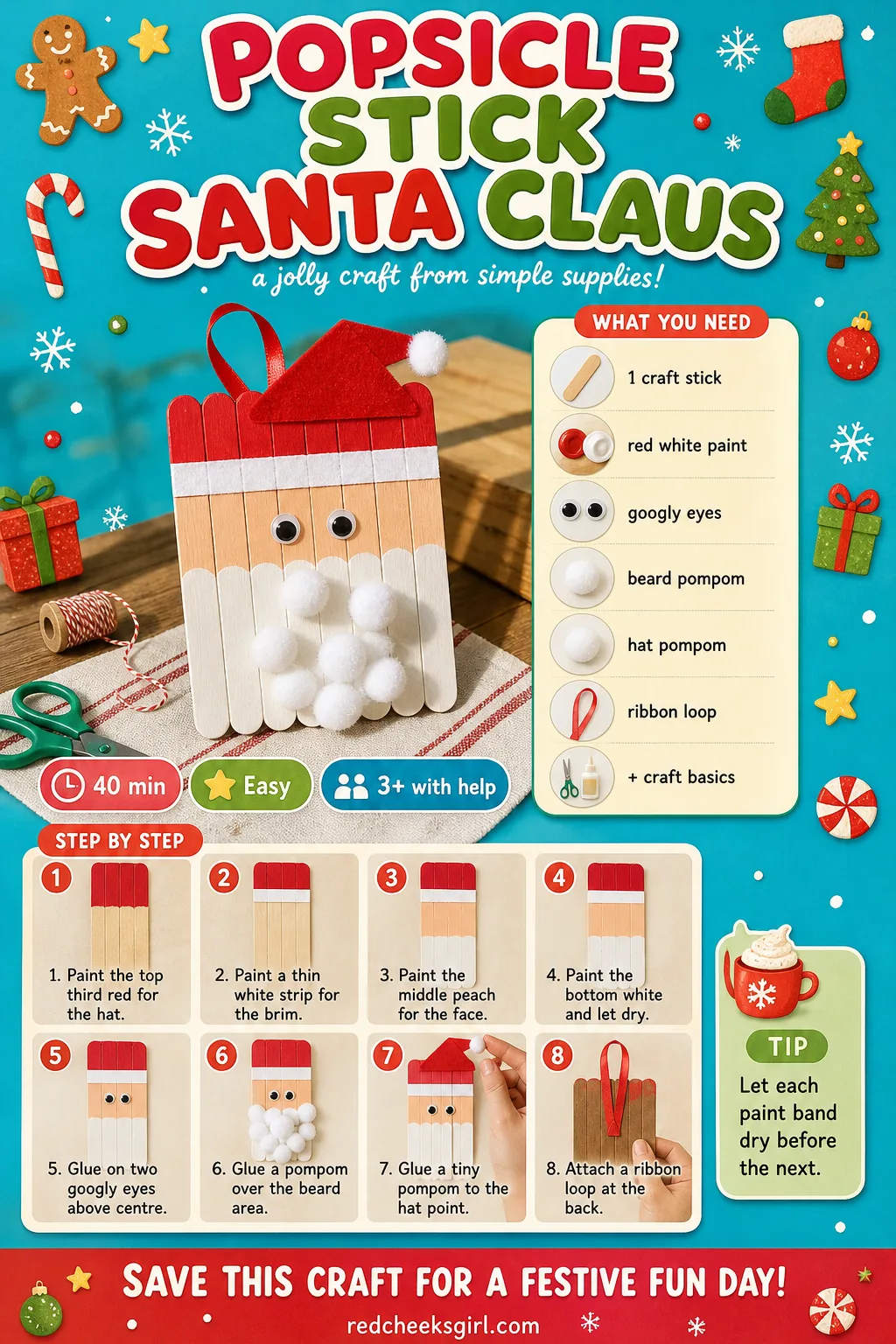 Popsicle Stick Santa Claus Craft Card printable sheet — A printable step-by-step card for the Santa craft, ready to print and keep by the glue. Popsicle stick