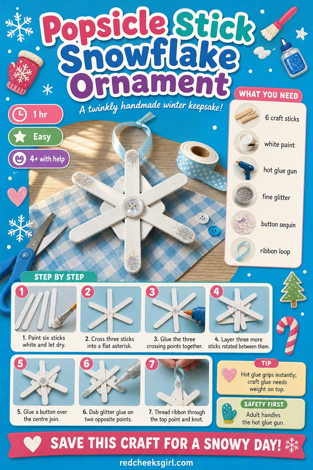 Popsicle Stick Snowflake Ornament Craft Card printable sheet — A printable step-by-step card for the snowflake ornament, ready to print and keep by the glue.
