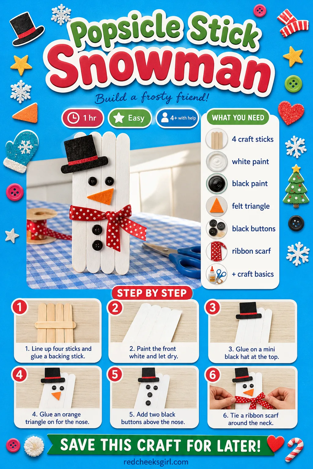 Popsicle Stick Snowman Craft Card printable sheet — A printable step-by-step card for the snowman craft, ready to print and keep by the glue. Popsicle stick