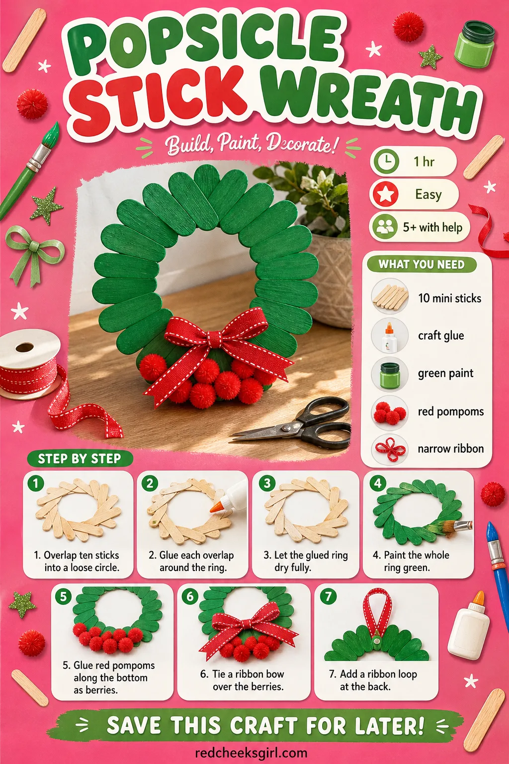 Popsicle Stick Wreath Craft Card printable sheet — A printable step-by-step card for the wreath craft, ready to print and keep by the glue. Popsicle stick