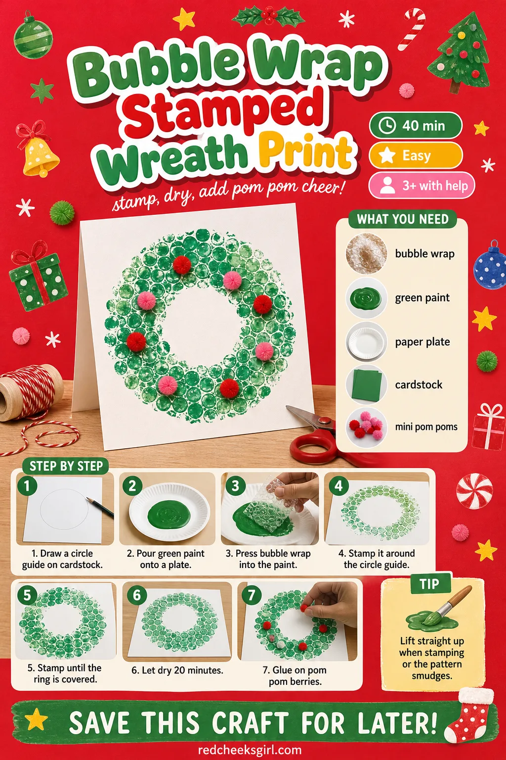Bubble Wrap Stamped Wreath Print Craft Card printable sheet. Preschool christmas crafts