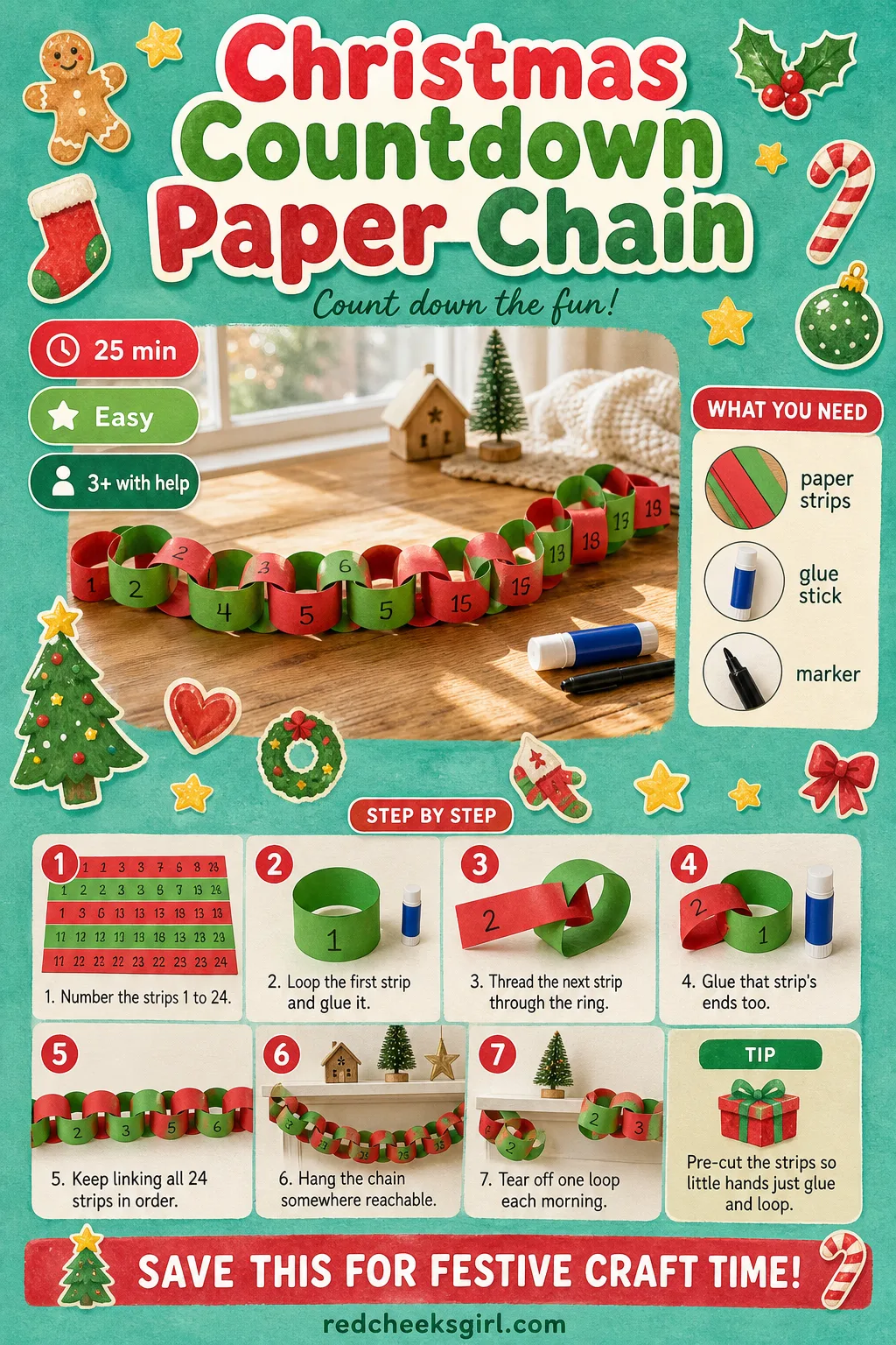 Christmas Countdown Paper Chain Craft Card printable sheet. Preschool christmas crafts