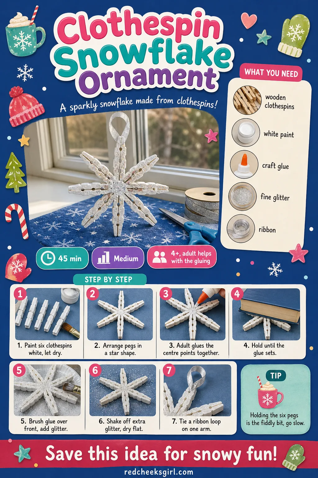 Clothespin Snowflake Ornament Craft Card printable sheet. Preschool christmas crafts