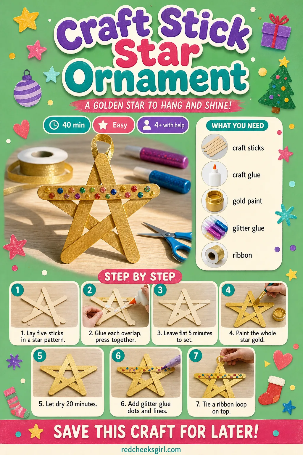 Craft Stick Star Ornament Craft Card printable sheet. Preschool christmas crafts